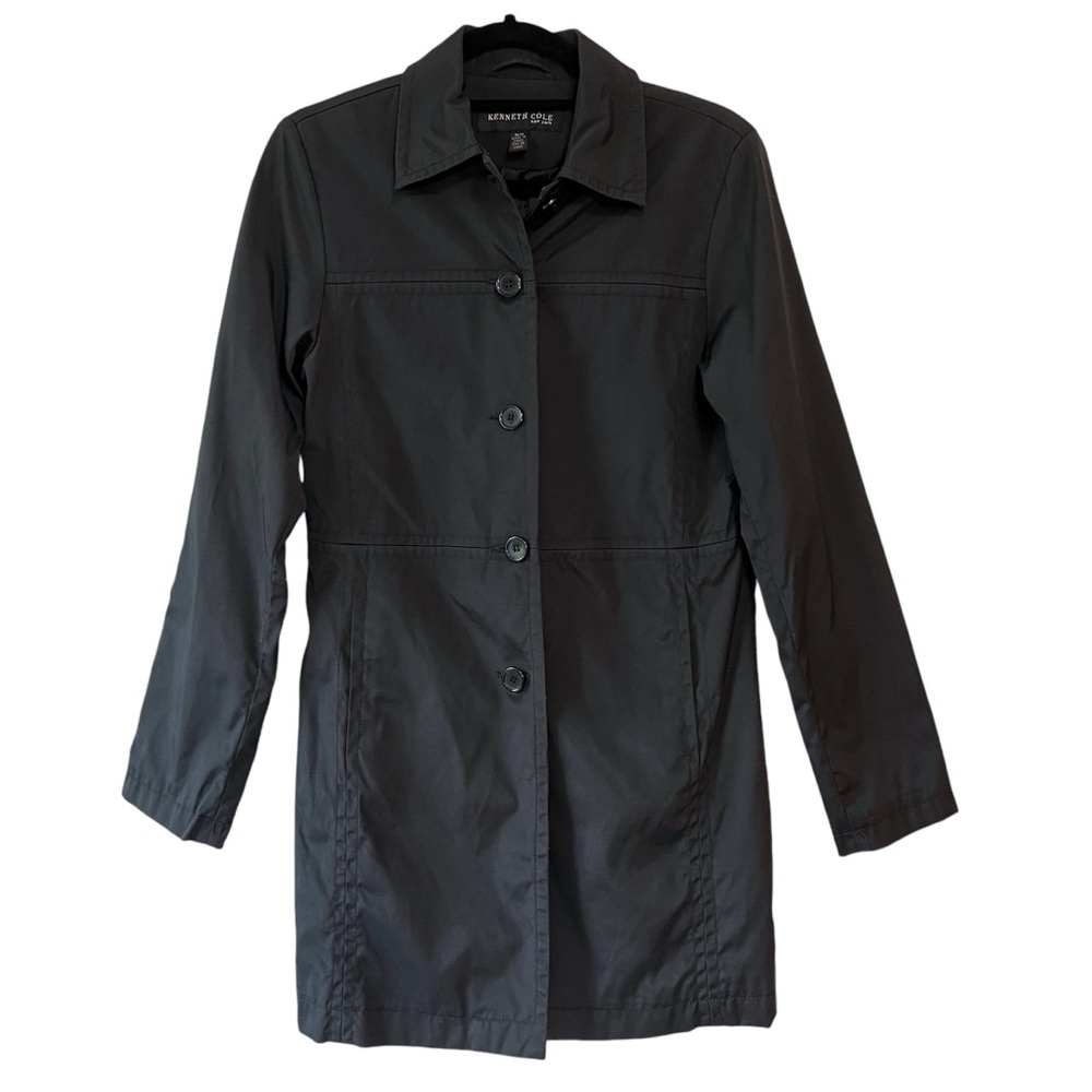 Kenneth Cole Button Front Long Nylon Weather Resistant Coat Black Size Medium